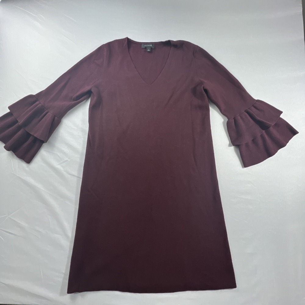 Ann Taylor Womens Dress Medium Maroon Knit V Neck Long Sleeve Bell Sleeve